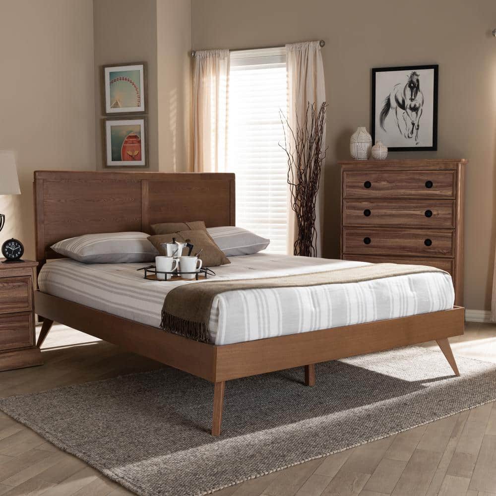 Walnut Brown Mid-Century Modern King Platform Bed