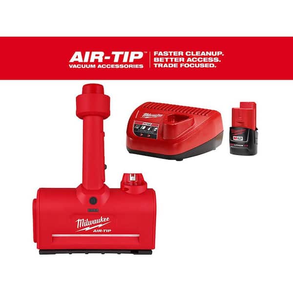Milwaukee M12 AIR-TIP 1-1/4 in. - 2-1/2 in. Wet/Dry Shop Vacuum Utility Nozzle Attachment Kit with CP 2.0 Ah Battery and Charger