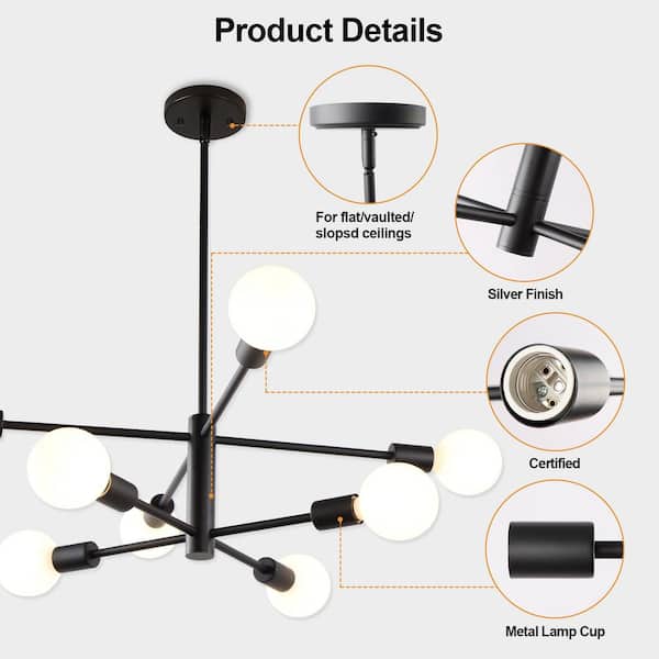 JAZAVA 60-Watt 8-Light Black Pendant Light, No Bulbs Included