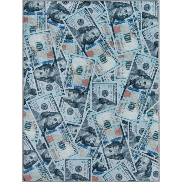 Money Dollar Front Novelty Printed Green Blue 7 ft. 7 in. x 9 ft. 10 in. Area Rug