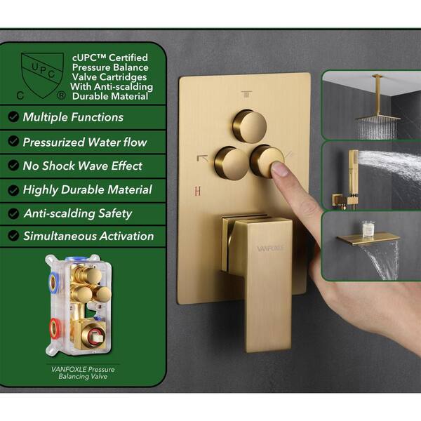 Single Handle 1-Spray 3 Spray Patterns Shower Faucet 1.8 GPM with Pressure Balance, 10 in. Shower Head Brushed Gold