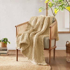 Chunky Double Knit Tan 50 in. x 60 in. Handmade Throw Blanket