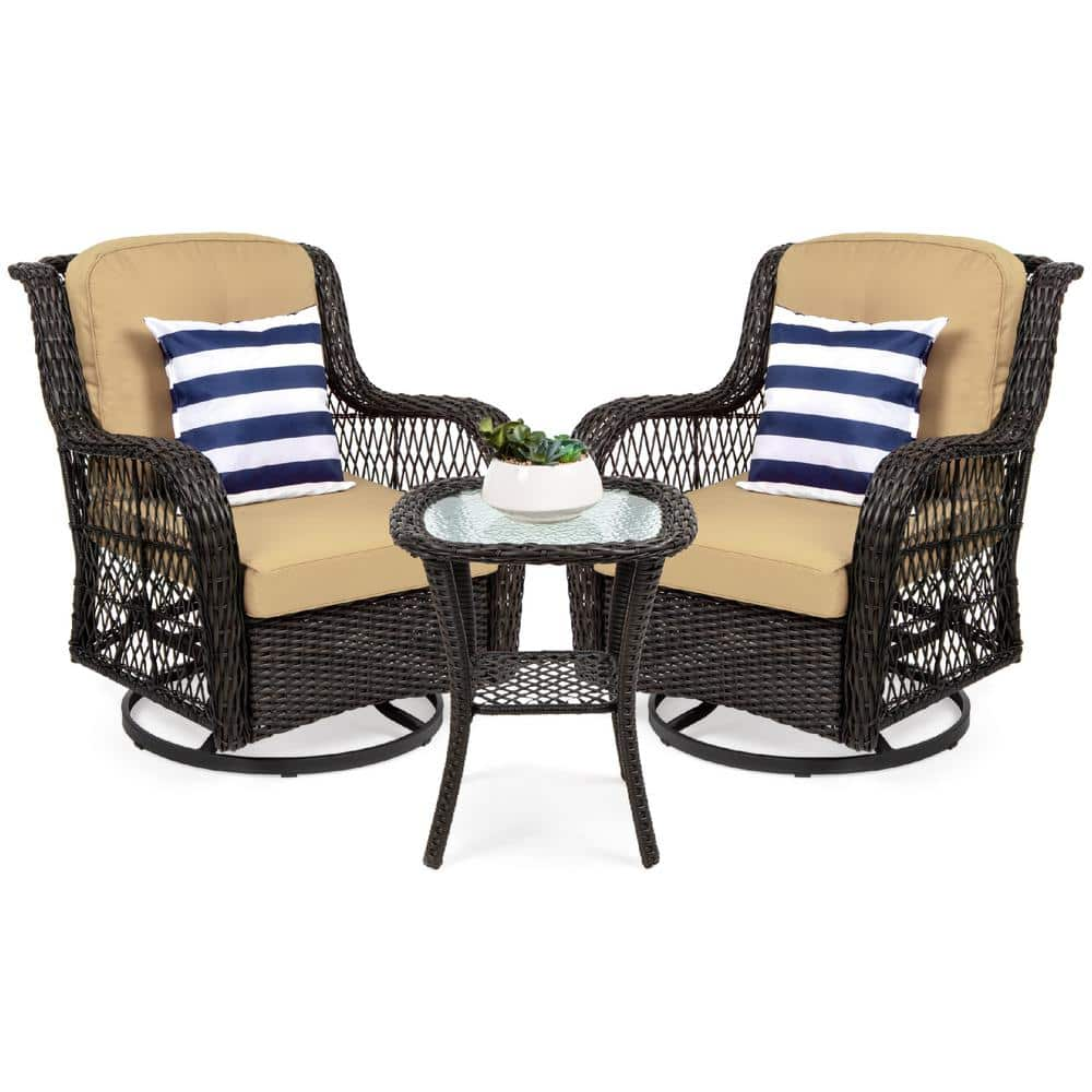 Best Choice Products 3-Piece Brown Wicker Patio Outdoor Bistro Set with  Beige Cushions, Swivel Rocking Chairs, Side Table SKY5232 - The Home Depot