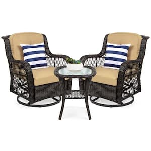 3-Piece Brown Wicker Patio Outdoor Bistro Set with Beige Cushions, Swivel Rocking Chairs, Side Table