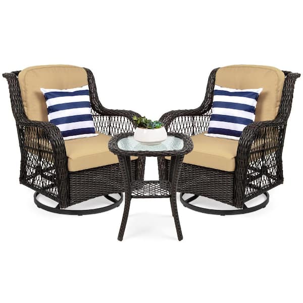 Best Choice Products 3-Piece Brown Wicker Patio Outdoor Bistro Set with Beige Cushions, Swivel Rocking Chairs, Side Table