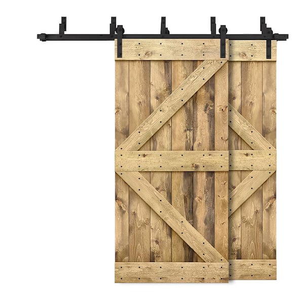 CALHOME 68 in. x 84 in. K Bypass Weather Oak Stained DIY Solid Wood Interior Double Sliding Barn Door with Hardware Kit