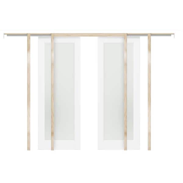 60 in. x 80 in . （30''X 2）1-Lite White MDF Tempered Frosted Glass Double Sliding Pocket Door Frame With Hardware Kit