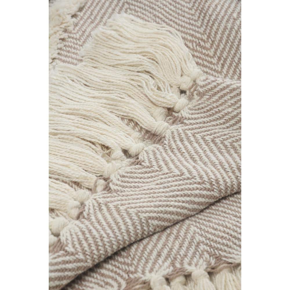 Beige and Cream Cotton Fringe Throw Blanket, 50" x 60"
