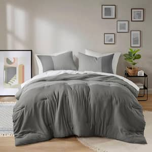 Miro 3-Piece Grey Microfiber Full/Queen Soft Washed Color Block Comforter Set