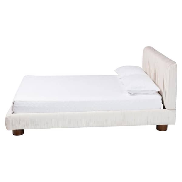 Emsley Ivory White Velvet and Wood Frame Queen Platform Bed