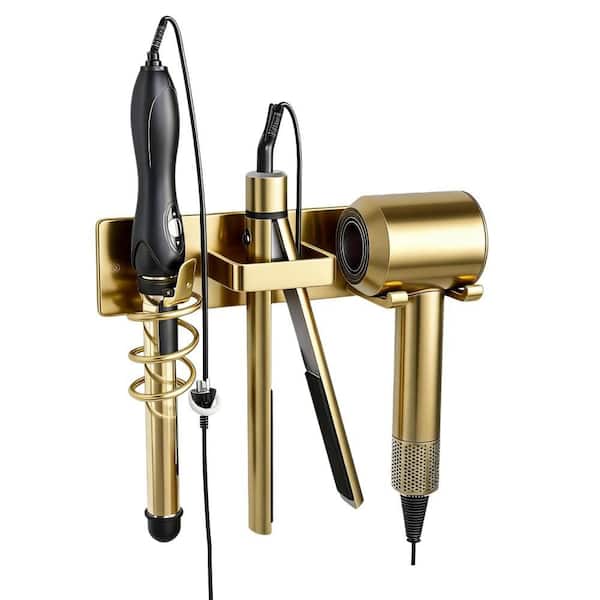 Wall Mount Bathroom Hair Tool Organizer with Curling Iron Holder, Blow Dryer Holder and Flat Iron Holder, Gold