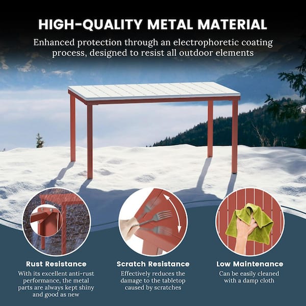 FrondandForm Modern Outdoor Patio 7-Piece Rectangular Iron Dining Set w/ Plastic Stackable Chairs, Red