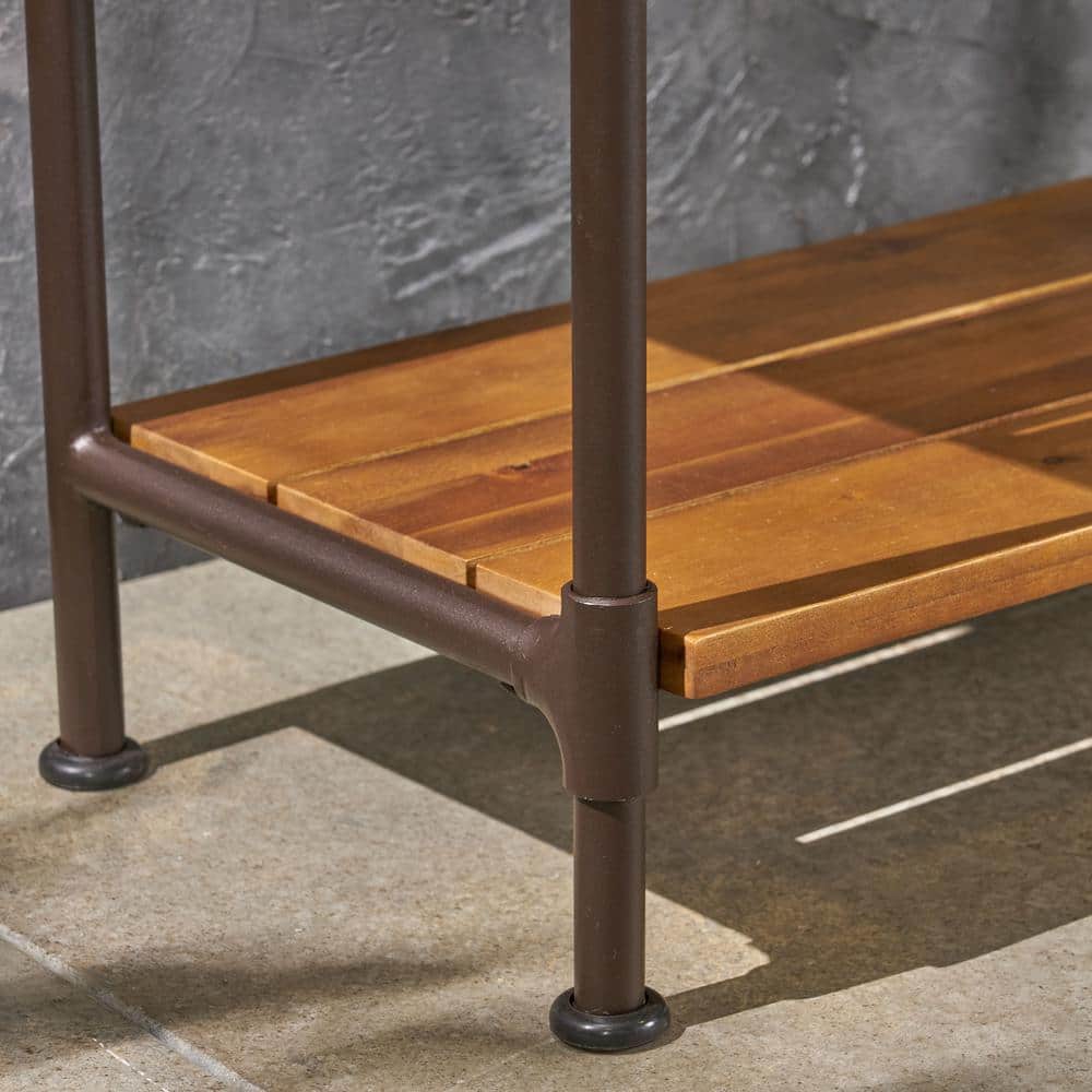 Teak and Rustic Metal Outdoor Bench with Shelf and Hooks
