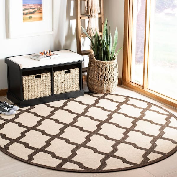 Linden Natural/Brown 7 ft. x 7 ft. Border Geometric Diamonds Indoor/Outdoor Round Area Rug