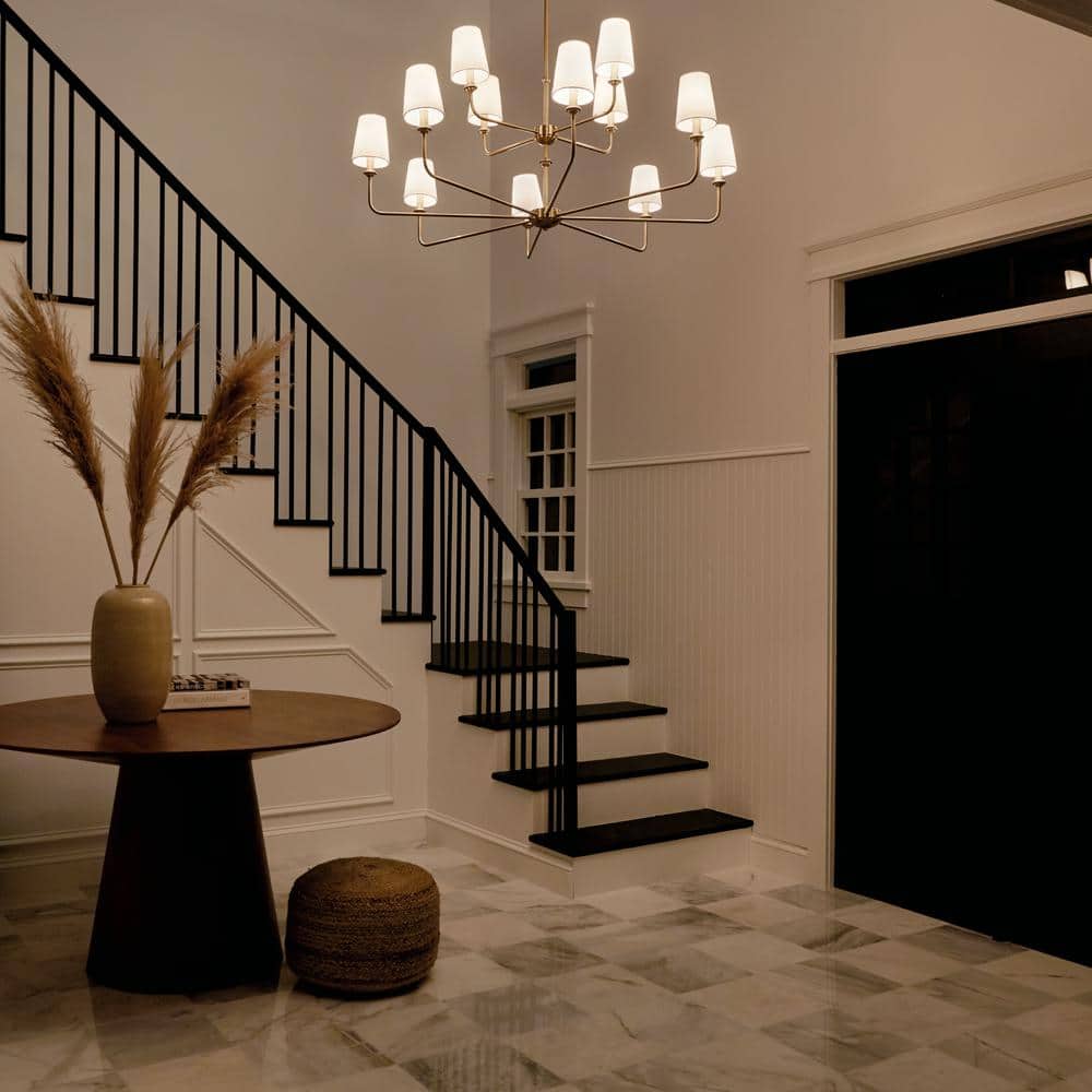 Brushed Natural Brass 12-Light Chandelier with Fabric Bell Shades