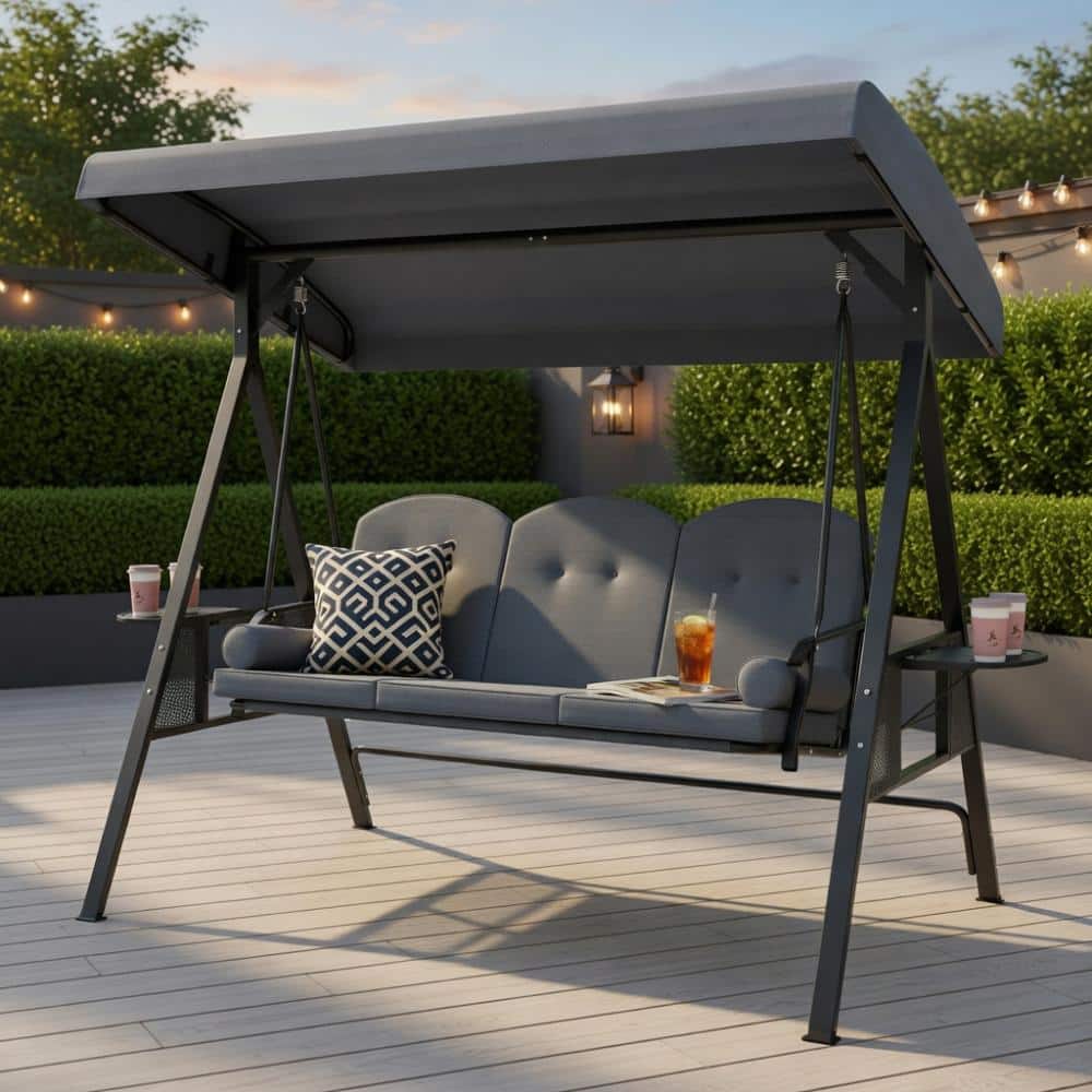 3-Seat Patio Swing Chair Porch Swing with Adjustable Canopy Thickened Cushions Pillow and Foldable Side Trays-Grey price history on PriceWatchPro