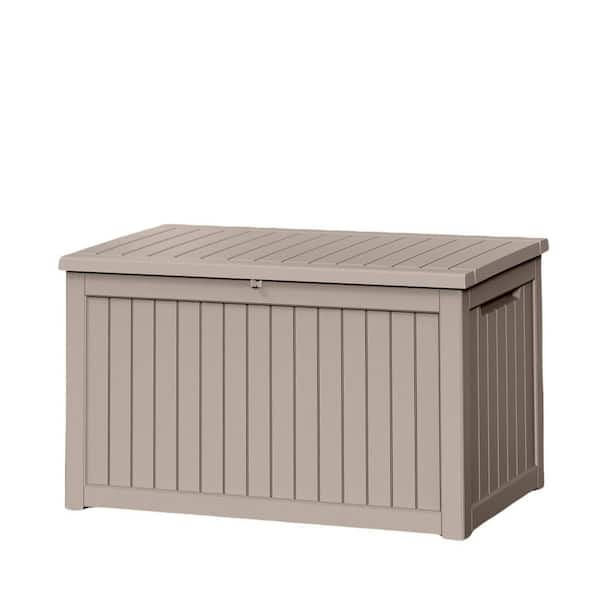 230 Gal. Plastic Deck Box Outdoor Storage Shed with Hydraulic Piston Design, khaki