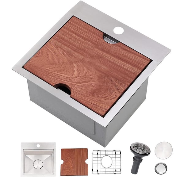 PRIMEPLUS 18-Gauge Stainless Steel 15 in. x 15 in. 1-Hole Drop-In Workstation Bar Sink