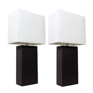 21 in. Modern Black Leather Table Lamps with White Fabric Shades (2-Pack)