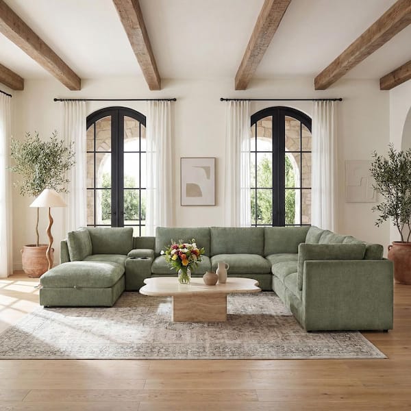 Morden Fort 140 in. U Shape Chenille Green Sectional Couch, 8-Piece Seater Oversized Modular Sofa Living Room Set