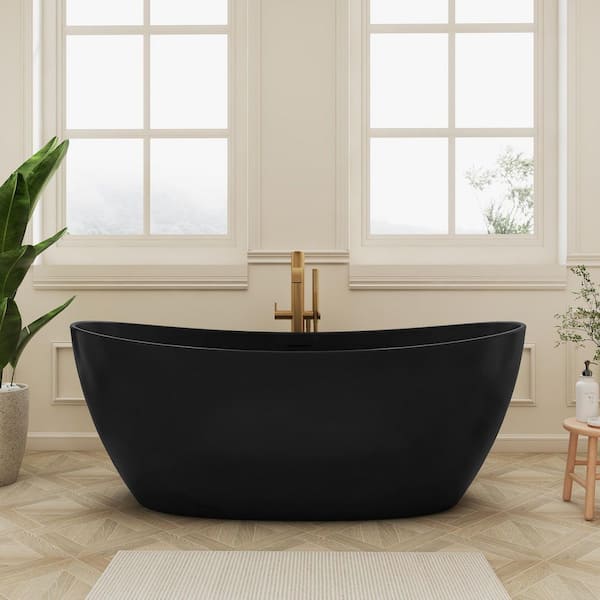 Kylie 65 in. x 33 in. Soaking Freestanding Solid Surface Bathtub with Center Drain Stone Resin Tub in Black