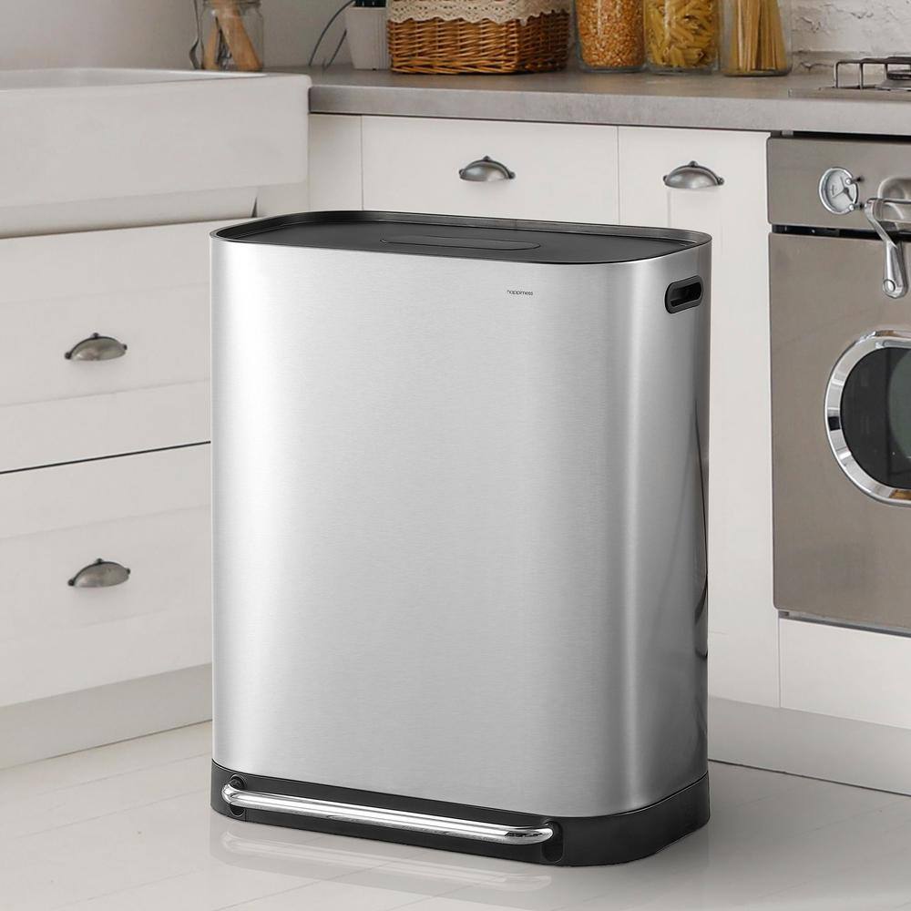 16-Gallon Stainless Steel Kitchen Trash Can with Pedal and Side Bin