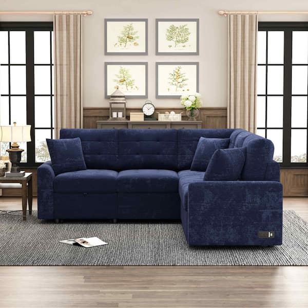 82.6 in. Square Arm Velvet Sectional Sofa with Wheels, USB Ports, Power Sockets in. Navy Blue
