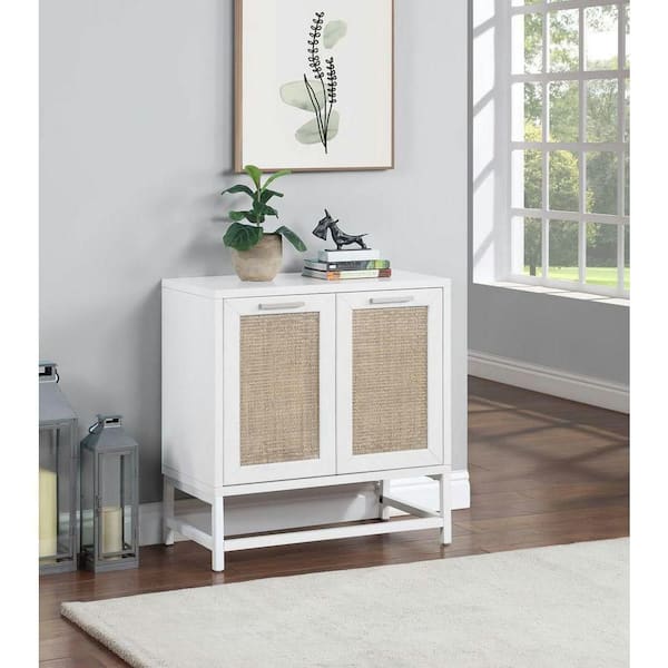 White 31 in. Wooden 2 Door Cabinet with Brown Woven Rattan Doors and Metal Base