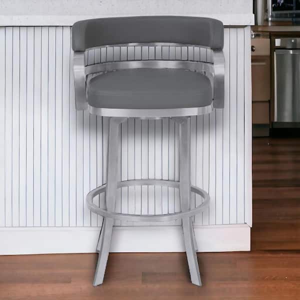 HomeRoots 26 in. Gray Low Back Metal Counter Height Bar Chair with Faux Leather Seat