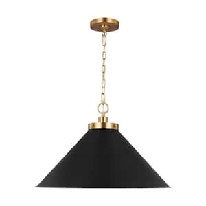 Wellfleet 23.5 in. W x 15.375 in. H 1-Light Midnight Black/Burnished Brass Wide Cone Pendant Light with Steel Shade