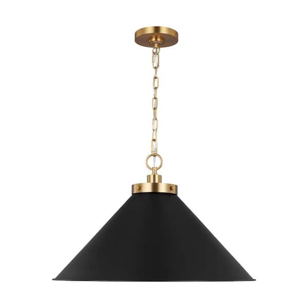 Wellfleet 23.5 in. W x 15.375 in. H 1-Light Midnight Black/Burnished Brass Wide Cone Pendant Light with Steel Shade