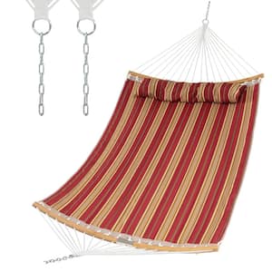 130 in. Hammock with Pillow Curved Bamboo Spreader Bar Chain Portable Indoor Outdoor Red