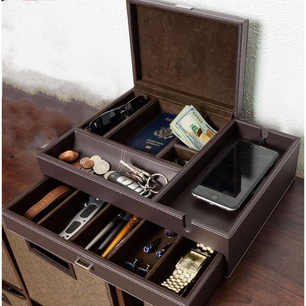 Men's Leather Watch Box Valet Tray, Bedside Organizer with