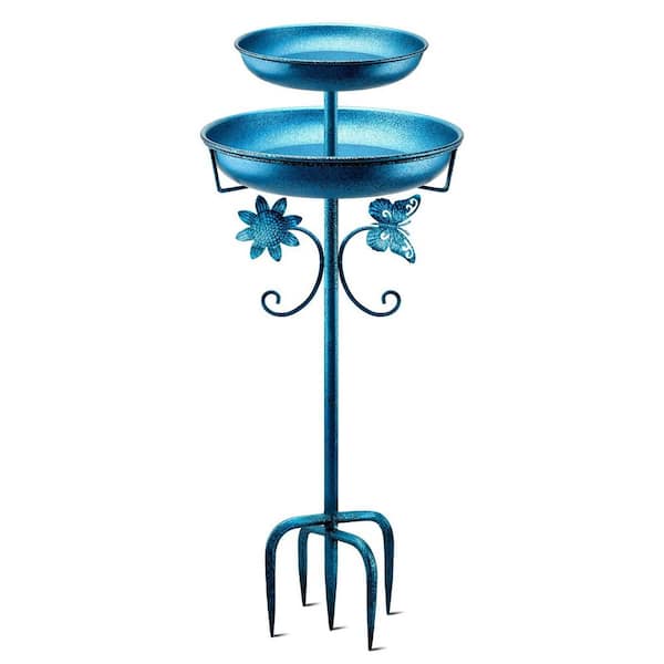 42in. H 12in. Dia Blue Metal Bird Bath with Double Bowls, Upgraded 5-Pronged Base, and Rustproof