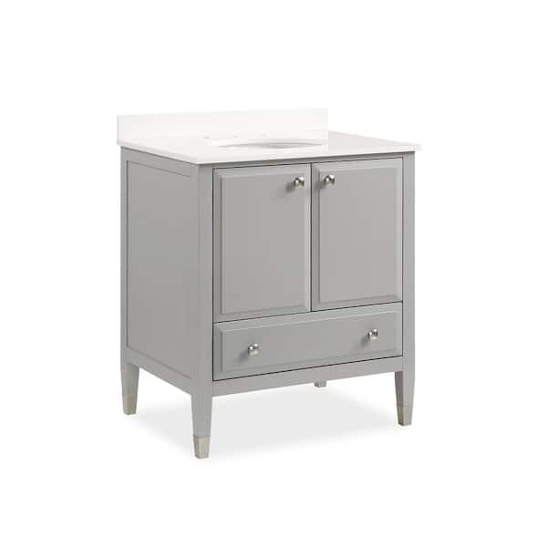 null Tricia 30 in. Bathroom Vanity in Gray w/Composite Granite Vanity Top in White w/White Ceramic Oval Sink and Backsplash