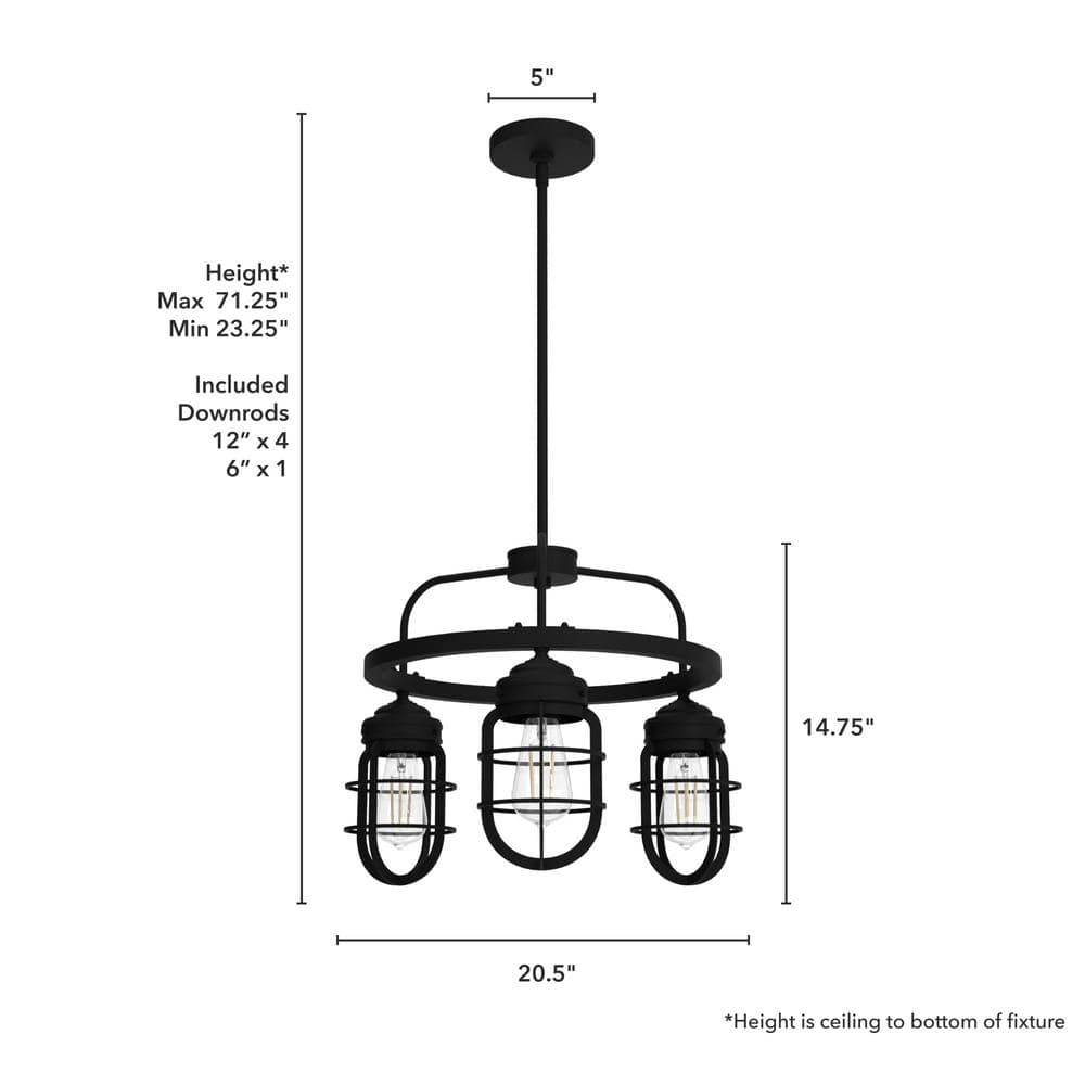 Black Iron Cage 3-Light Chandelier, 20.5"