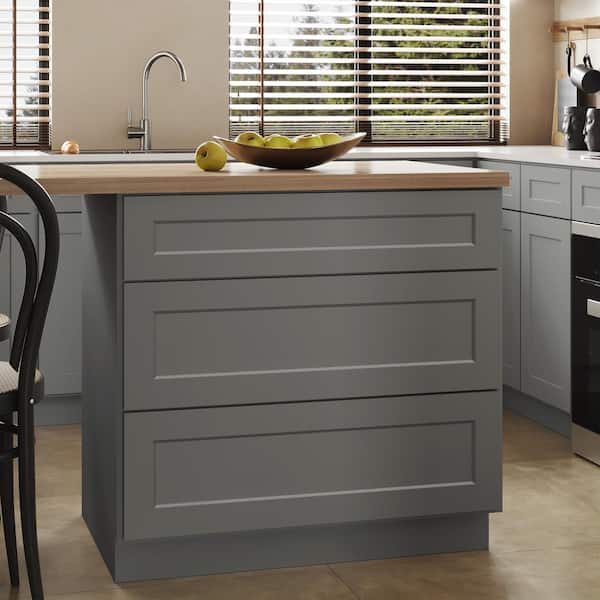 Hausvita 36 in. W x 24 in. D x 34.5 in. H Ready to Assemble Plywood Base Kitchen Cabinet with 3-Drawers in Shaker Grey