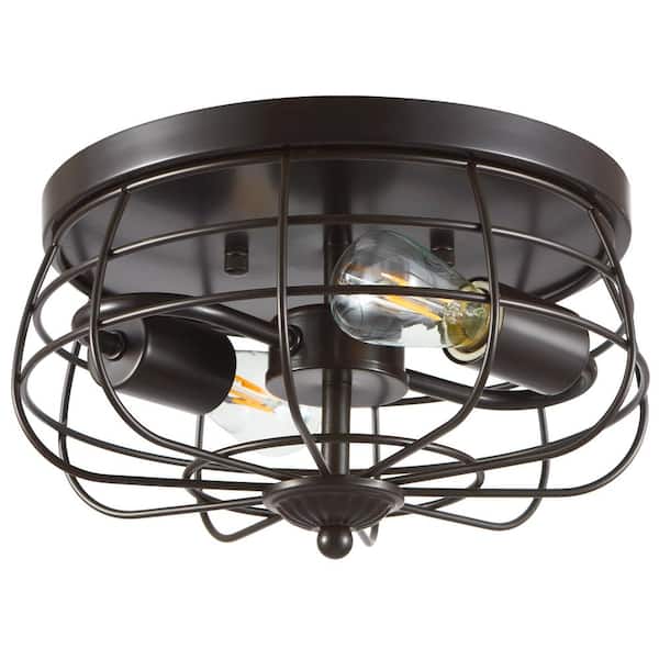 11 in. 2-Light Bronze Rustic Metal Caged Flush Mount