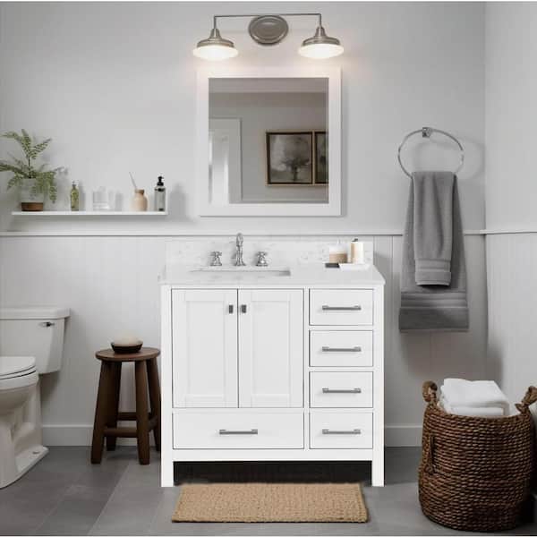 Enlivena 36 in. W Freestanding Bath Vanity in White with White Engineered Stone Top