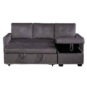 77 in. W Square Arm 2-Piece Dark Gray Velvet L Shaped Tufted Reversible Sectional Sofa w/Storage and Silver Nails