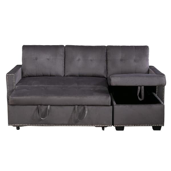 Angel Sar 77 in. W Square Arm 2-Piece Dark Gray Velvet L Shaped Tufted Reversible Sectional Sofa w/Storage and Silver Nails