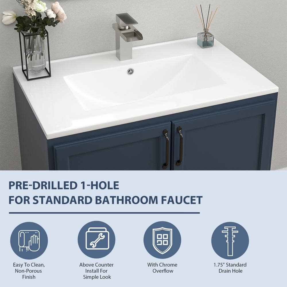 30 in. White Ceramic Rectangular Single Sink Bathroom Vanity Top