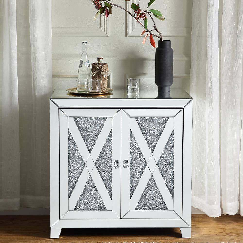 Mirrored Glam Console Table with Faux Diamond Storage