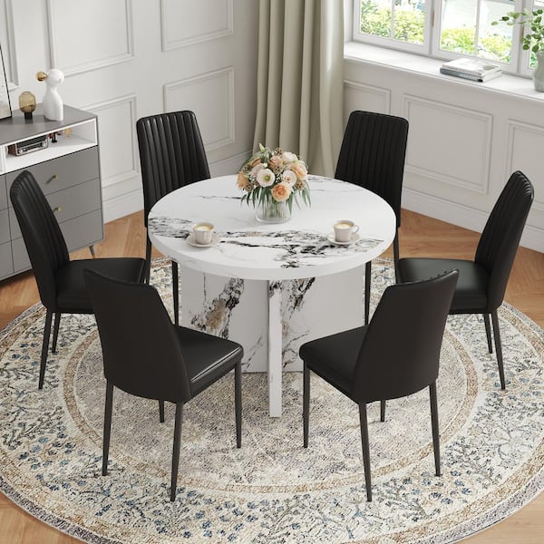Harper & Bright Designs 7-Piece Round White and Black MDF Top Dining Table Set Seats 6 with Pedestal Table Base and 6 PU Upholstered Chairs