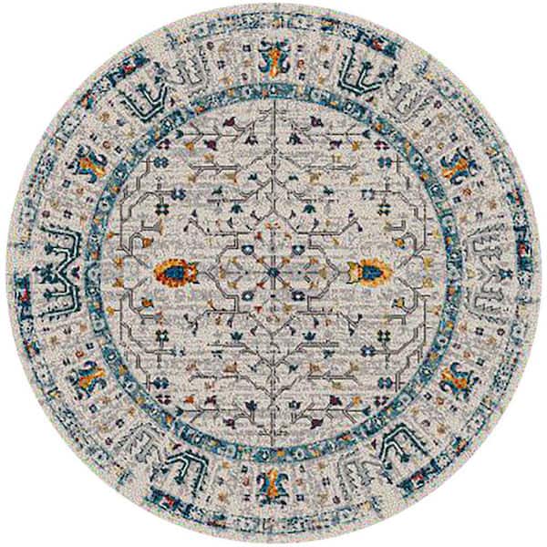 Yellow, Ivory 7 ft. Round Loomed Oriental Polypropylene Round Indoor/Outdoor Area Rug