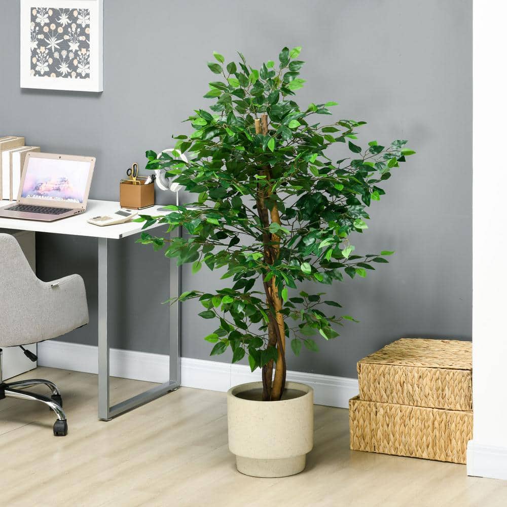59'' Green Plastic Potted Artificial Ficus Tree for Indoor Outdoor