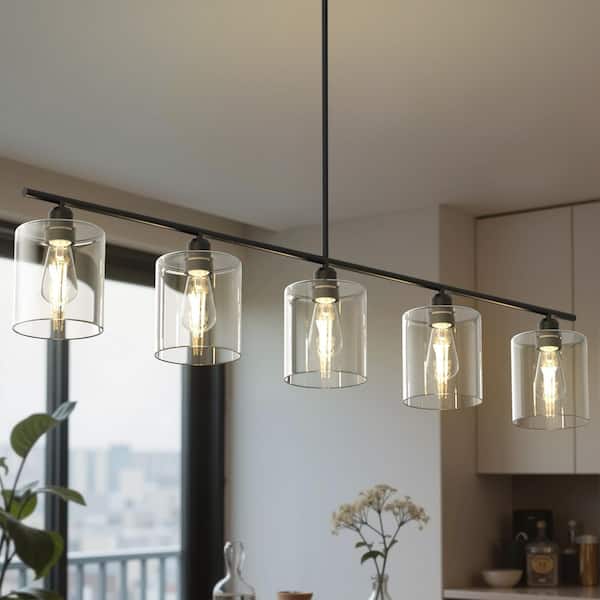5-Light Modern Black Kitchen Island Pendant Light with Clear Glass Shade and 3 Adjustable Rod E26 Base No Bulb Included