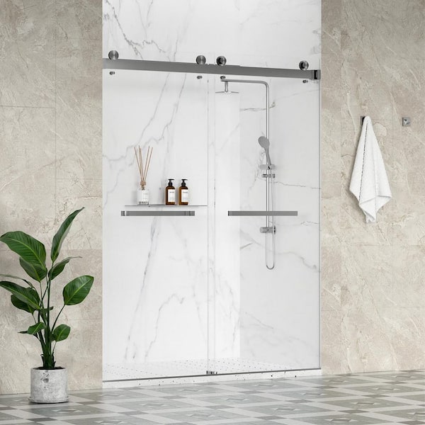 Sola 56-60 in. W x 84 in. H Double Sliding Frameless Shower Door in Brushed Nickel with 3/8 in. Clear Glass