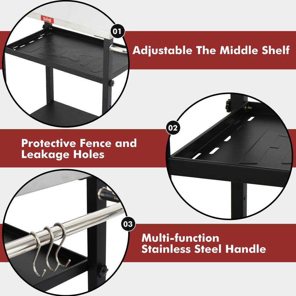 Adjustable 3-Tier Black and Stainless Steel Outdoor Grill Cart