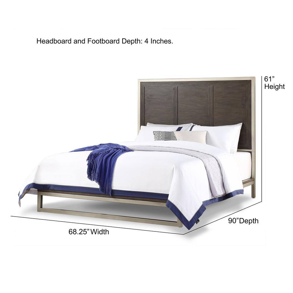 Walnut and Silver Upholstered Queen Platform Bed with Nailhead Trim